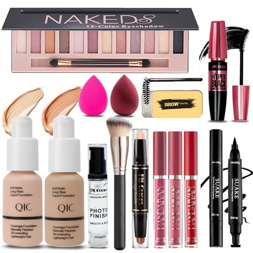 All in One Makeup Kit for Women Full Kit, 12 Colors Eyeshadow, Foundation & Primer, Lipsticks, Eyeliner, Mascara, Contour Stick, Brow Soap, Makeup Brush & Sponge, Make Up Gift Set for Women, Teens