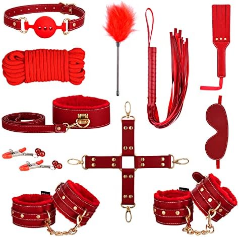 Sex Bondage BDSM Kit Restraints - UTIMI Upgrade 11PCS Sets with Adjustable Handcuffs Collar Ankle Cuff Blindfold Feather Tickler Adult Games Sex Toys for Men Women and Couples Foreplay | Red