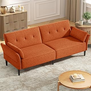 89” Futon Sofa Bed, Comfy Futon Couch Bed with 2 Square Pillows, Convertible Sleeper Sofa with Adjustable Backrest& Armrests, Modern Loveseat Sleeper for Living Room, Bedroom, Burnt Orange