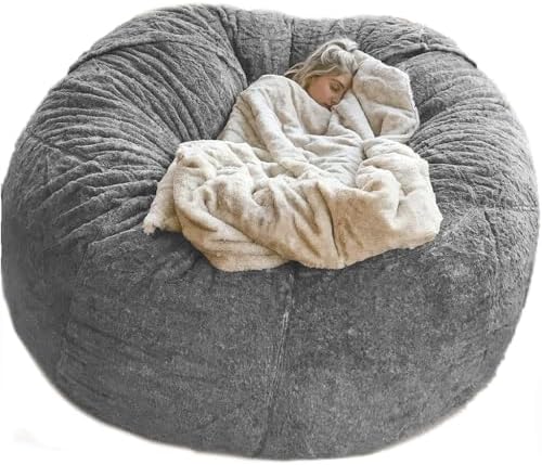 5FT Giant Fur Bean Bag Chair Cover, Ultra Soft Bean Bag Bed for Adults (No Filler, Cover only), Big Round Soft Fluffy Faux Fur Bean Bag Lazy Sofa Bed Cover, Machine Washable Big Size Bean Bag Cover