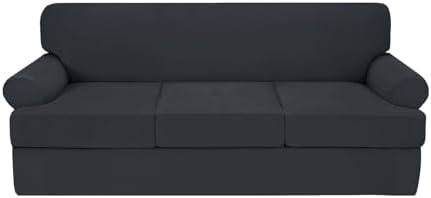 Deeky 4 Pieces Stretch Sofa Covers T Cushion Sofa Slipcover Soft Fleece Couch Cover Furniture Protector Covers with 3 Individual T Cushion Shape Seat Cover Machine Washable, Sofa, Dark Gray