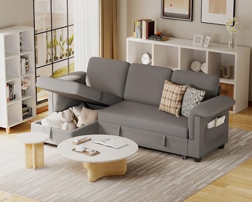 JUMMICO Sleeper Sofa L-Shaped Pull Out Sofa Bed with Storage Space Convertible Sectional Couches for Living Room/Bedroom/Office/Small Space (Corduroy, Light Gray)