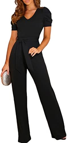 BLENCOT Jumpsuit Short Sleeve Casual v Neck Belted Wide Leg Formal Rompers Jumpsuit