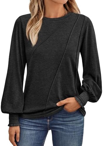 AUTOMET Womens Long Sleeve Tops Pleated Crew Neck Business Casual Blouses Fashion Clothes 2024 Trendy Outfits