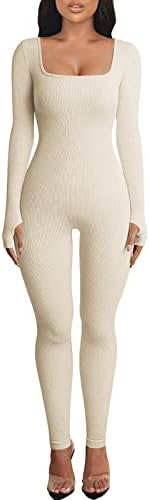 OEAK Womens Ribbed Jumpsuit with Tummy Control Long Sleeve Unitard Casual Yoga Rompers High Waisted One Piece Workout Bodycon