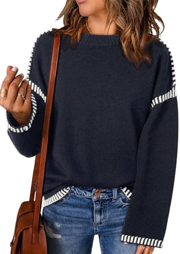 Darong Women's Pullover Sweater Casual Long Sleeve Crew Neck Contrast Color Sweaters 2024 Fall Tops