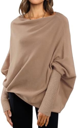 LILLUSORY Womens Batwing Oversized Sweaters Assymetrical Off The Shoulder Boat Neck Wrap Tunic Tops Fall Fashion Cloth Outfit