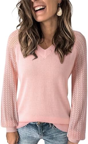 Dokotoo Women's Casual V-Neck Long Sleeve Sweaters Solid Color Pullover Knit Sweater Jumper Tops
