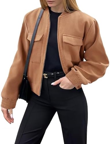 Zeagoo Womens Cropped Jacket Stand Collar Long Sleeve Zip Up Shackets Bomber Jacket Coats with Pockets
