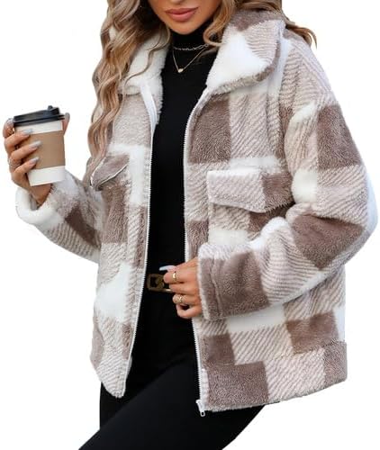 Womens Fleece Sherpa Jackets Fall Winter Full Zip Plaid Coat with Pocket