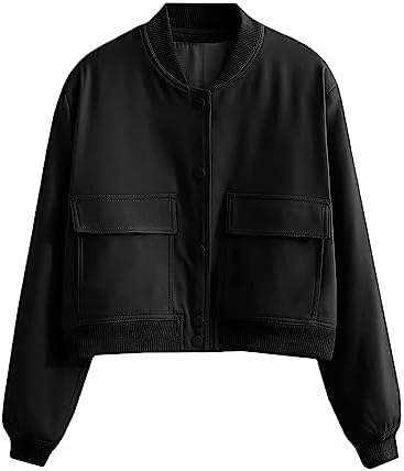 SCUSTY Women's Button Down Bomber Jacket Drop Shoulder Short Cropped Coat Outwear