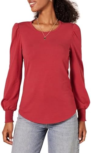 Amazon Essentials Women's Long-Sleeve Crewneck Smocked Cuff T-Shirt