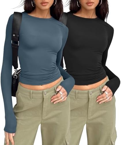 SKYZOO Two Piece Long Sleeve Shirts for Women 2024 Casual Fitted Basic Fall Fashion Crop Tops