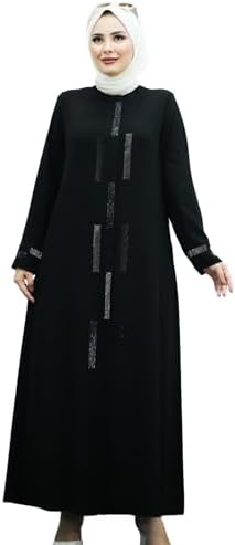 Abaya for Muslim Women | Plus-Size Long-Sleeve Zip-Up Hijab Abaya with Stone Details | Muslim Women's Fashion