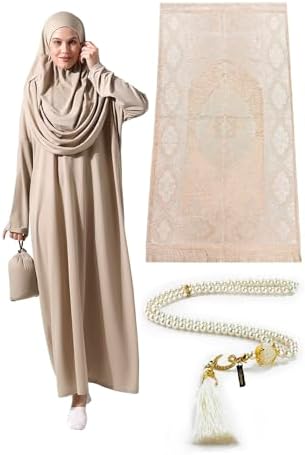 ihvan online Muslim Dresses for Women, One-Piece Long Sleeve Islamic Prayer Dress & Prayer Rug & Beads, Islamic Set