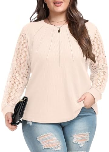 OLRIK Plus Size Tops for Women Lace Long Sleeve Waffle Knit Shirts Casual Loose Fit Blouse (1X-4X)