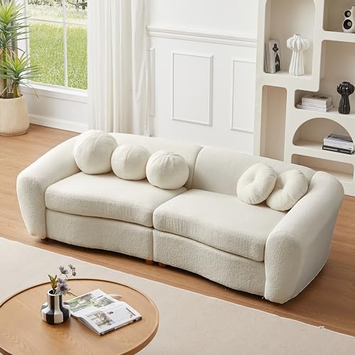 87.7 inch Modern Teddy Fabric Upholstered Sofa with 5 Throw Pillows, Solid Wood Structure and Legs, Luxury Curved Loveseat Couch for Living Room/Office/Apartment, Beige