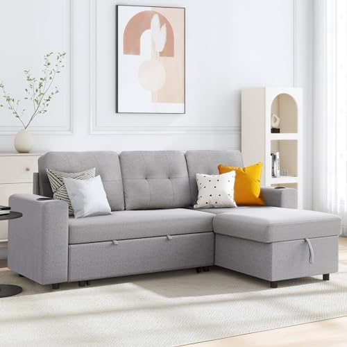 IULULU L Shaped Sectional Sofa, 82 Inch Convertible Sleeper Pullout Bed, Storage Chaise, Cupholders, 2 in 1 Pull Out Couch for Living Room, Apartment, Light Grey