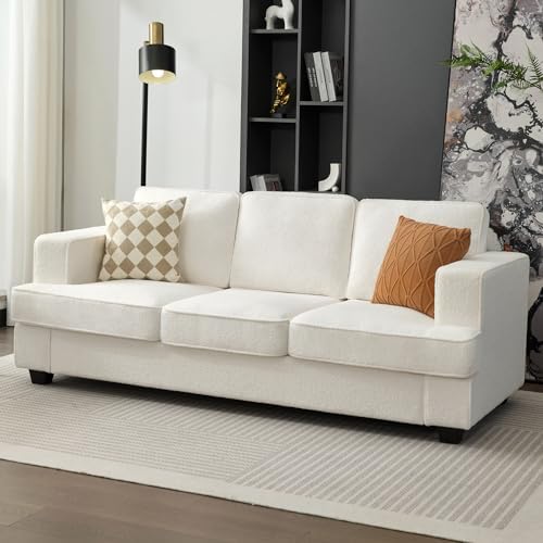 Boucle Couch, Couches and Sofas, Comfy Couch, Couches for Living Room, Sleeper Sofa with Extra Deep Seats, Modern Sofa, Teddy Velvet, Oyster White