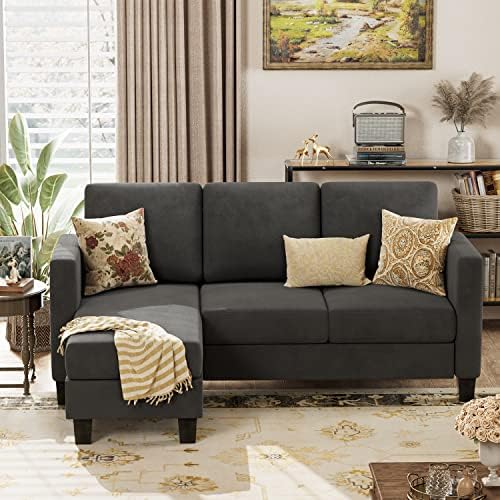 Convertible Sectional Sofa Couch, L-Shaped 3 Seat with Linen Fabric and Movable Ottoman, for Small Apartments, Living Room and Office, Dark Gray