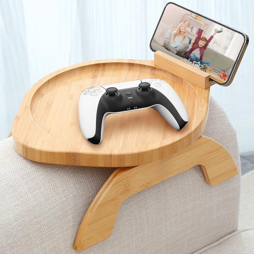 Couch Arm Tray Table,Bamboo Sofa Side Tables Clip-on Couch with 360° Phone Holder,Foldable Sofa Armrest Tray for Eating,Drink, Snacks, Coffee, TV,Remote