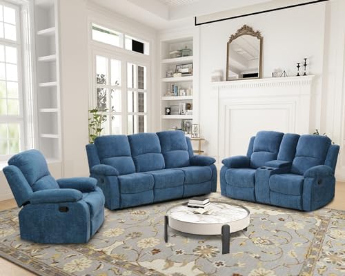 Recliner Sofa Set Living Room Furniture, Microfiber Fabric Reclining Sofa Set, Recliner Couch Set with Cup Holders for Office Home (3 Piece Living Room Furniture Set, Blue)