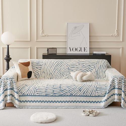 ROOMLIFE Thicked Striped Couch Cover Protector, Blue Sofa Slipcovers Chenille Sofa Cover for 3 Cushion Couch L Shaped Sectional Couch Covers Anti-Scratch Sofa Cover for Dogs Beige 71"*118"