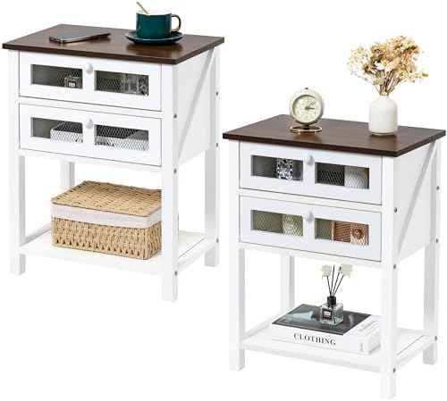 White Nightstands Set of 2, Farmhouse End Table with Flip Drawer and Open Storage Shelf, Small Side Tables for Living Room, Easy Assembly of White and Rustic Brown Bedroom Nightstand