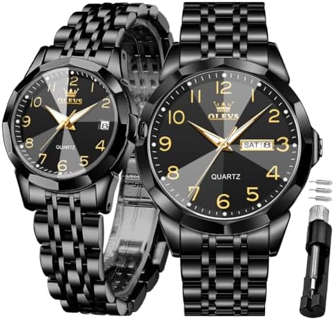 OLEVS Valentines Couple Pair Quartz Watches Luminous Calendar Date Business Dress Luxury His and Hers Wristwatch Waterproof Casual Stainless Steel Lovers Wedding Romantic Watches