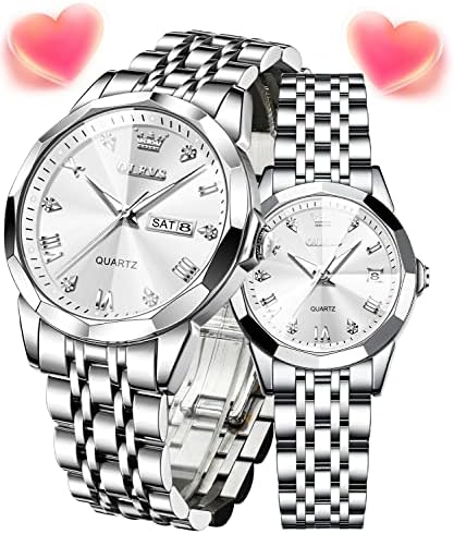 OLEVS Couple Watches His and Her Fashion Dresse Romantic Set Pair Matching Stainless Steel Strap Luminous Waterproof Wrist Watch