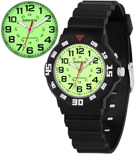 SOCICO Kids Analog Watch with Light for Boys Girls Waterproof Time Teaching Watch with Soft Band Learning Time Wrist Watch Easy to Read for Children Great Gifts