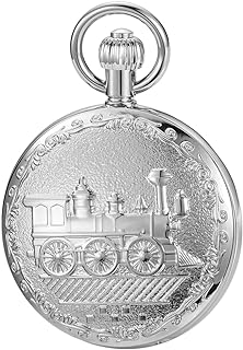Copper Pocket Watch Train Railroad Case Mechanical Men's Pocket Watch Roman Numerals Hand Wind Pocket Watch with Chain&Box