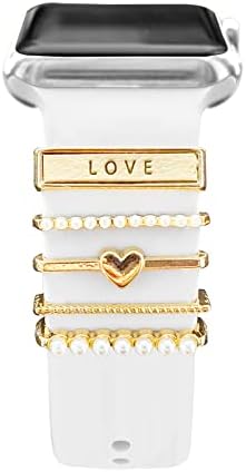 5Pcs Charms for Apple Watch band 41mm 45mm 40mm 44mm 38mm 42mm Women,Diamond+Metal Jewelry Decorative Ring Loops For iWatch series 8 7 6 5 4 3 2 se,Galaxy watch 5/4,Silicone strap Charm Accessories