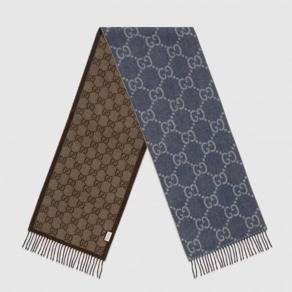 Gucci Blue GG Jacquard Knit Scarf With Tassels