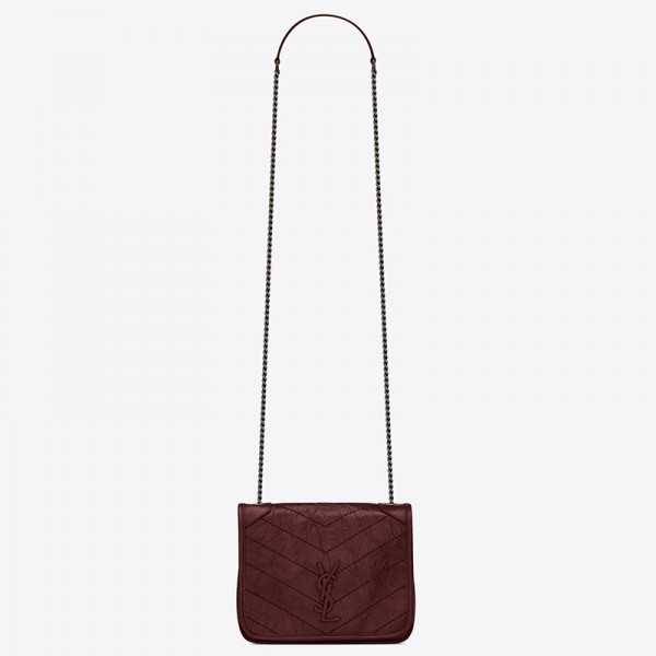 Saint Laurent WOC Niki Chain Wallet In Bordeaux Crinkled Leather